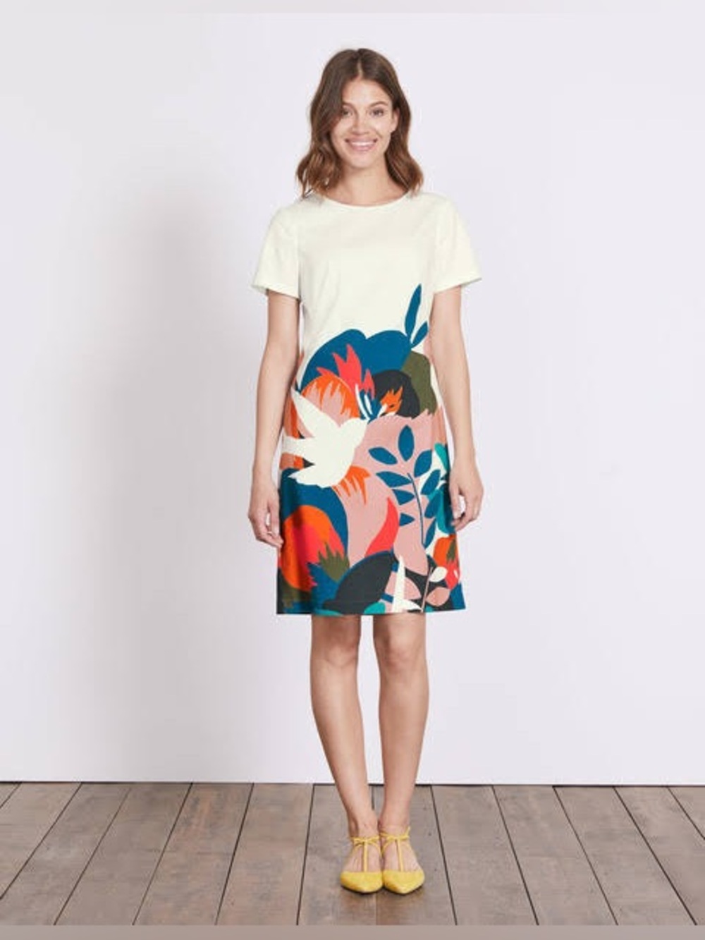 Boden Carina Short-Sleeve Shift Dress with Multicolor Floral Print Size 12